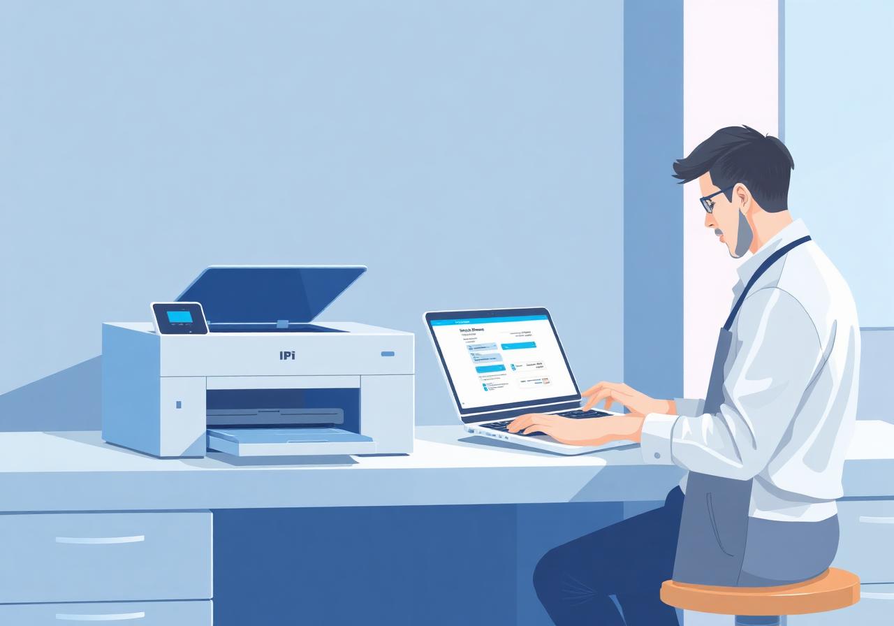 Técnico usando a plataforma PrinterHelp com IA ao lado de uma impressora